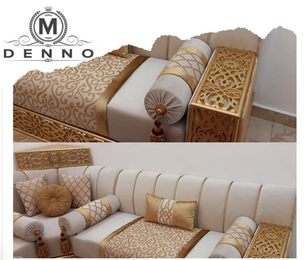 Arabische Sofa Polsterung in Gold und Beige mit Zierkissen – Polsterei Denno Duisburg